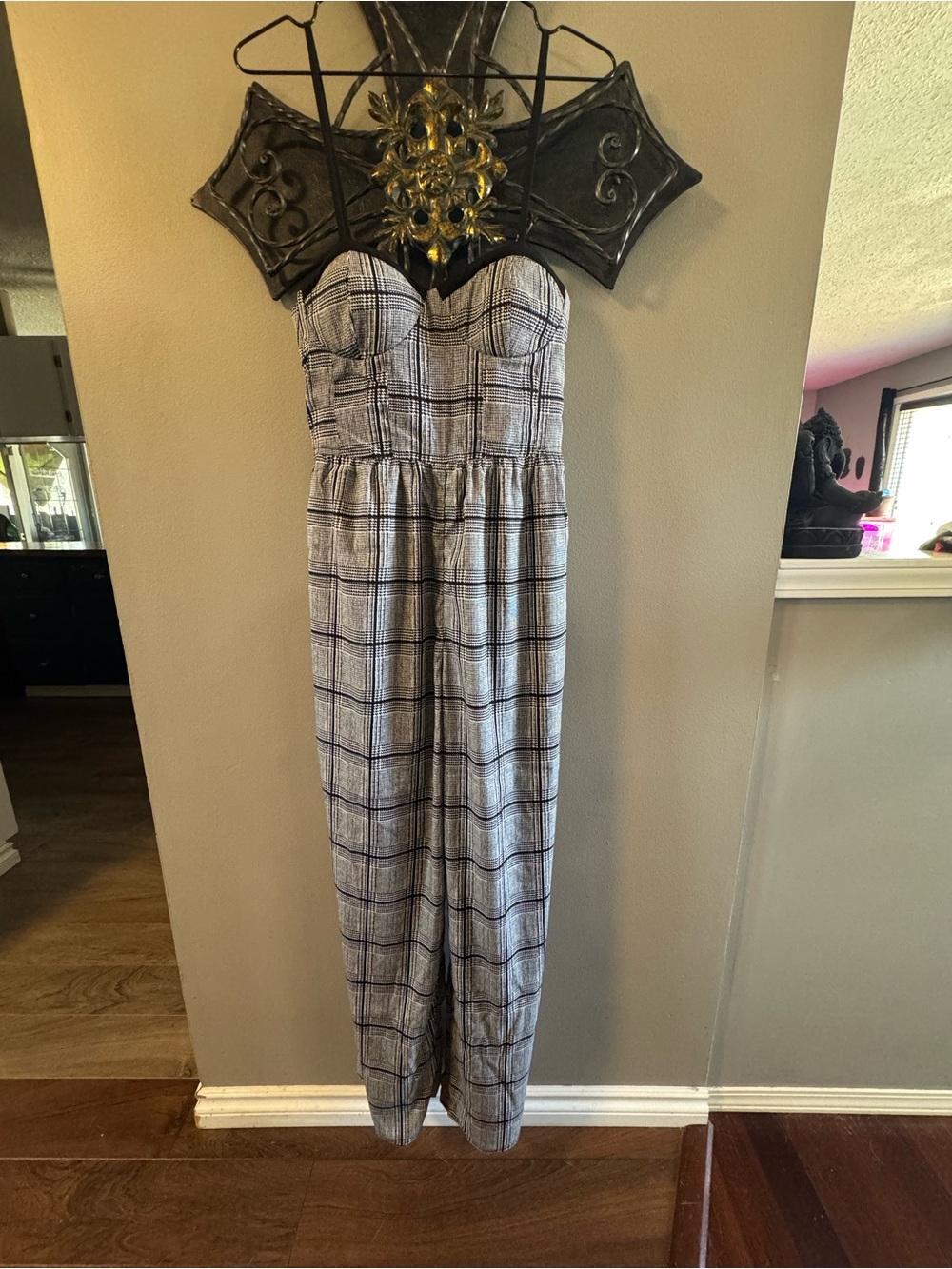 Wide Leg Plaid Jumpsuit in Black and White Checkers